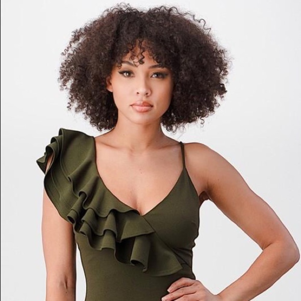 Olive Crepe Ruffle Bodysuit - large